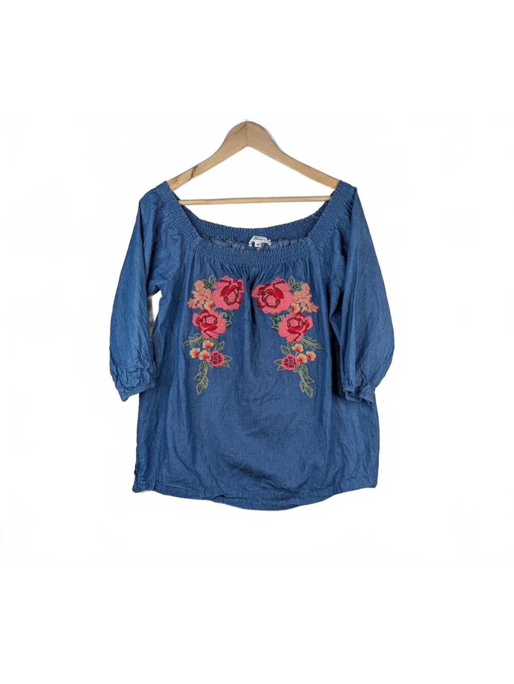Andree By Unit Blue Chambray Off-the-Shoulder Top with Red Floral Embroidery-M